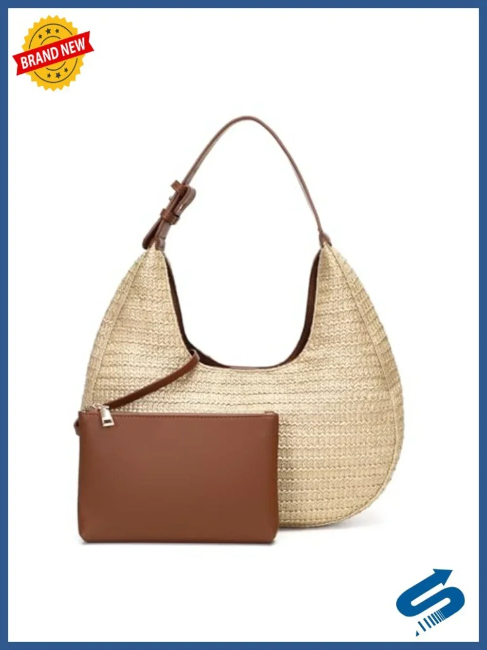 Handwoven Straw Crescent Hobo Bag with Adjustable Strap, Summer Beach Tote